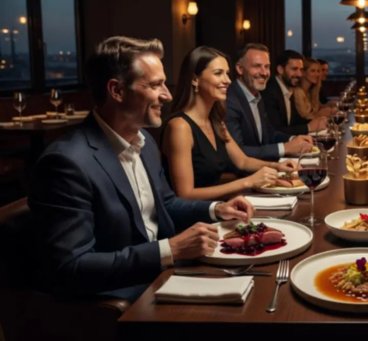 Elegánsan tálalt fogások és vendégek vacsoráznak a Hungarian Poker Lounge étteremben