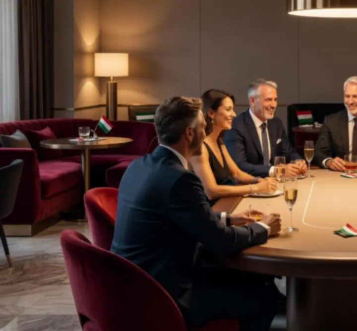 Modern magyar kaszinó hangulatú lounge tér, finom ételekkel és pókerasztalokkal