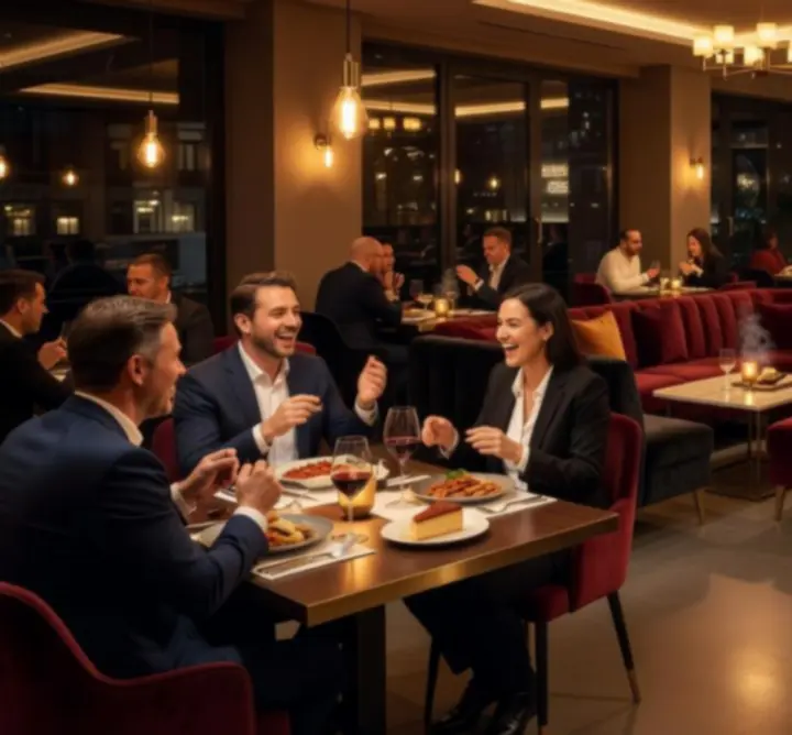Modern, elegáns budapesti étterem este, vendégekkel a Hungarian Poker Lounge-ban.